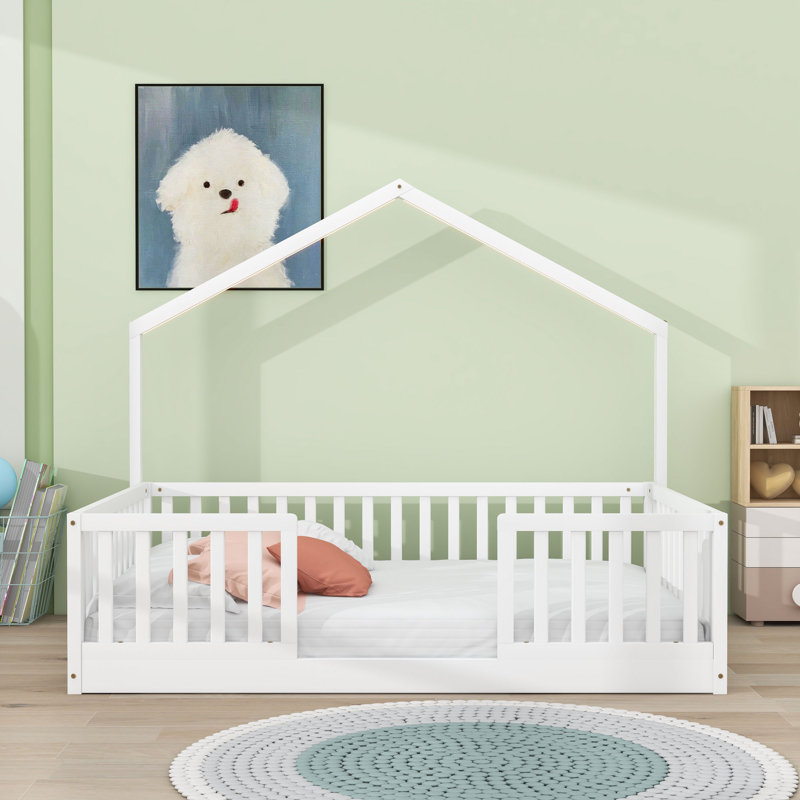 Wood Floor Bed With High Rails And LED Light, Full