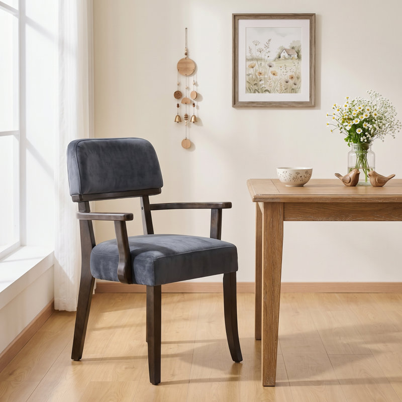 Modern Upholstered Solid Wood Dining Chair With Arms, Dark Gray Velvet