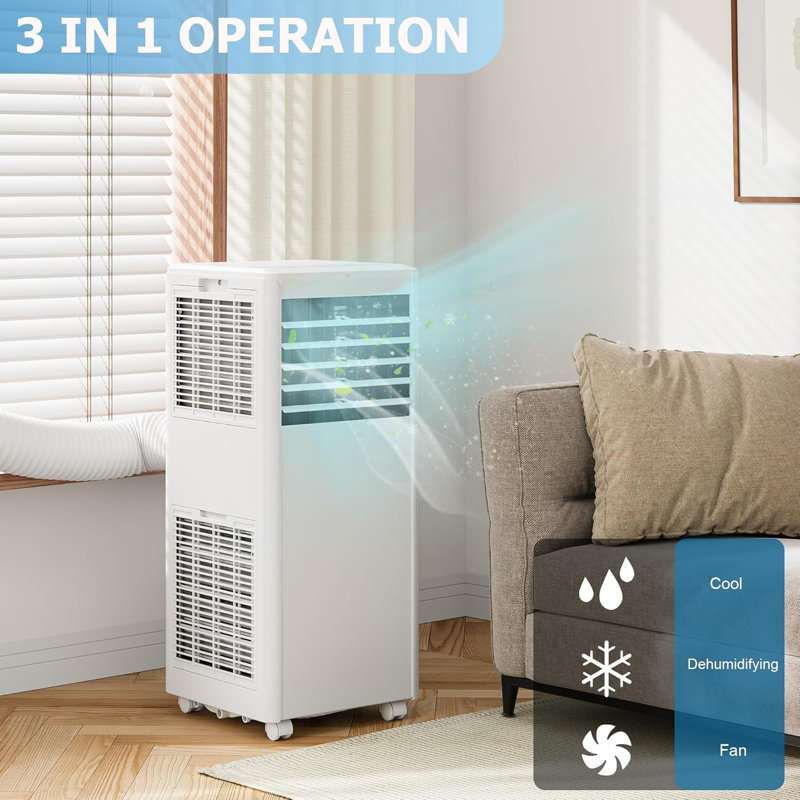 Climatiseur portatif 4-en-1 de 8 000 BTU, unité de climatisation compacte à roues avec refroidissement, déshumidificateur, mode ventilateur et sommeil, télécommande, minuterie et ensemble de fenêtre pour les pièces jusqu'à 350 pieds carrés, noir