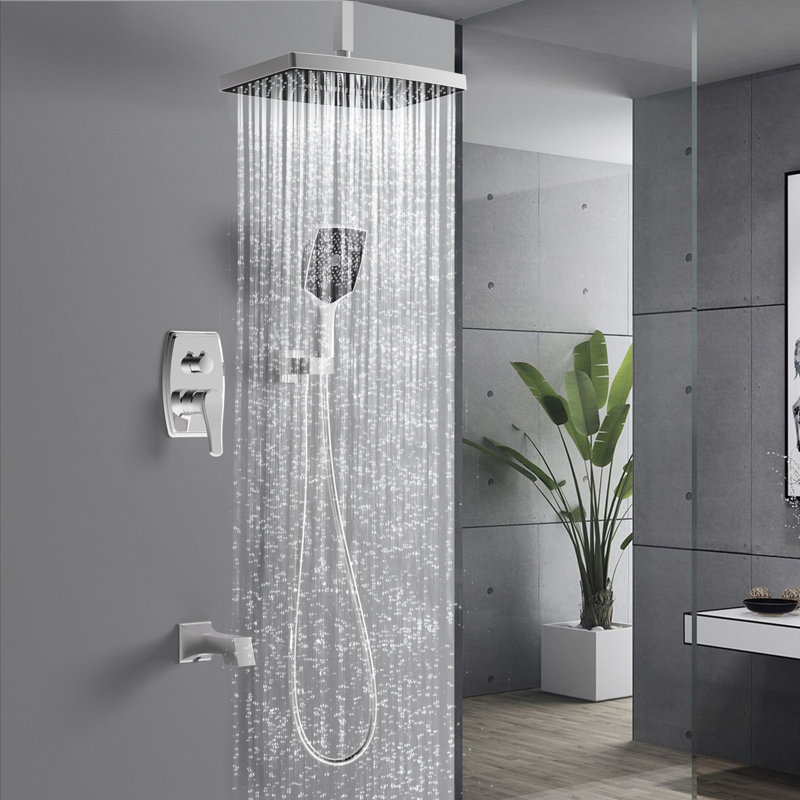 Shower & Tub Systems with 14" Rain Head and High Pressure Handheld, Celling Mount, Rough in-Valve, Chrome