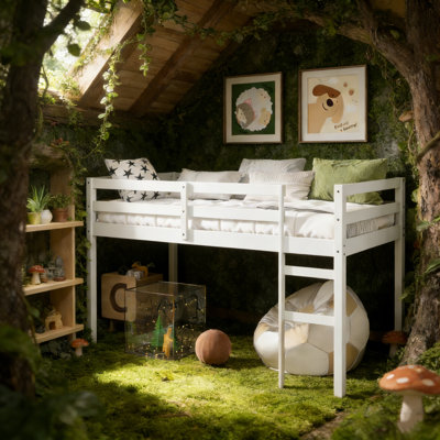 Lit mezzanine bas simple en bois massif avec échelle