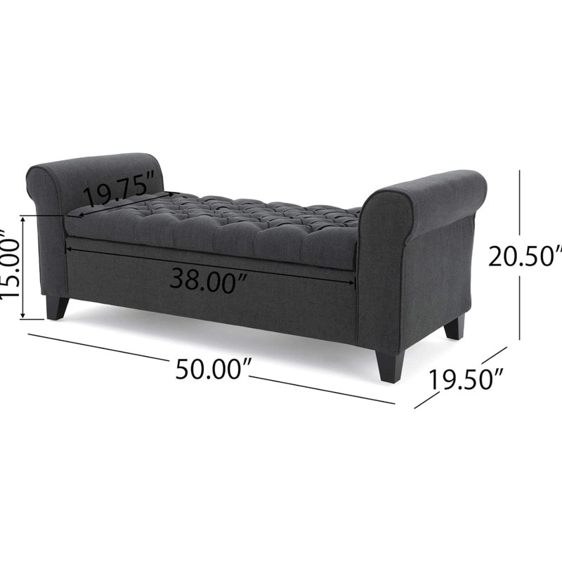 Banc de rangement contemporain en tissu avec touche attrayante et accoudoirs roulés, aspect de bras gris foncé, Gris foncé