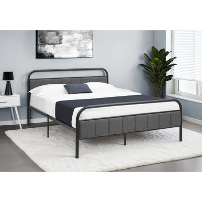 Bed, Queen Size, Upholstered, Bedroom, Platform Bed, Frame Only, Grey Linen Look, Black Metal, Contemporary, Modern