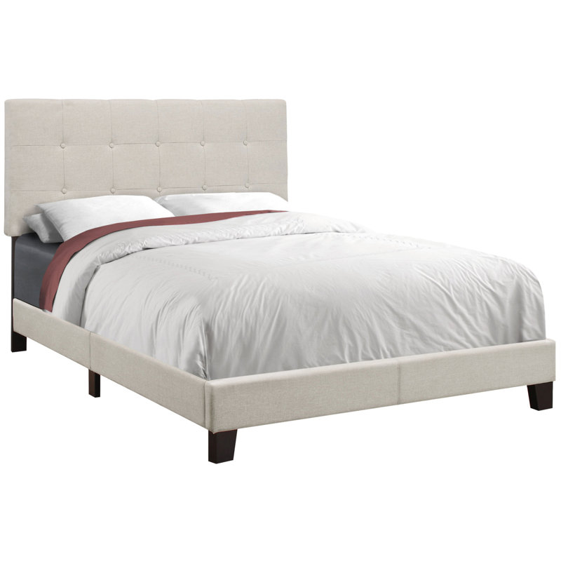 Lit tapissier pour chambre à coucher en lin beige attrayant avec pieds noir tenace