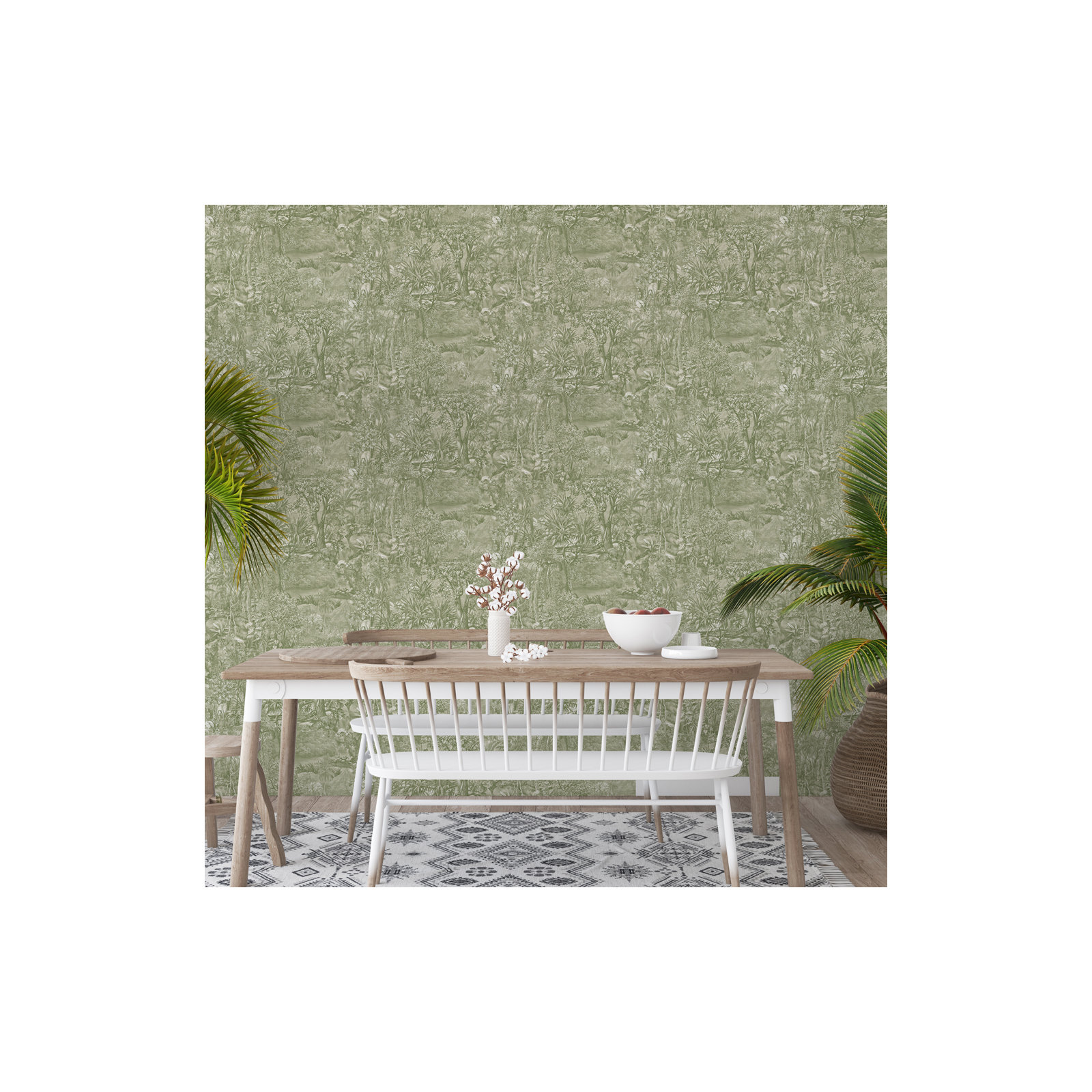 Jungle Toile Peel and Stick Wallpaper, Moss Green Toile, 20.5" L x 33" W