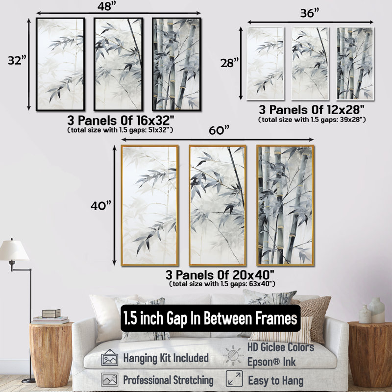 Bambou sauvage noir et blanc - ensemble d'art mural en bambou, Cadre naturel flottant, H 28 po x l 36 po x P 1 po
