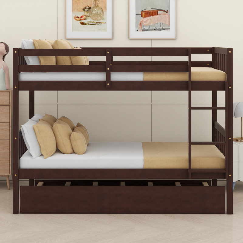 Lit superposé en bois peu encombrant avec lit gigogne et deux lits amovibles, Espresso