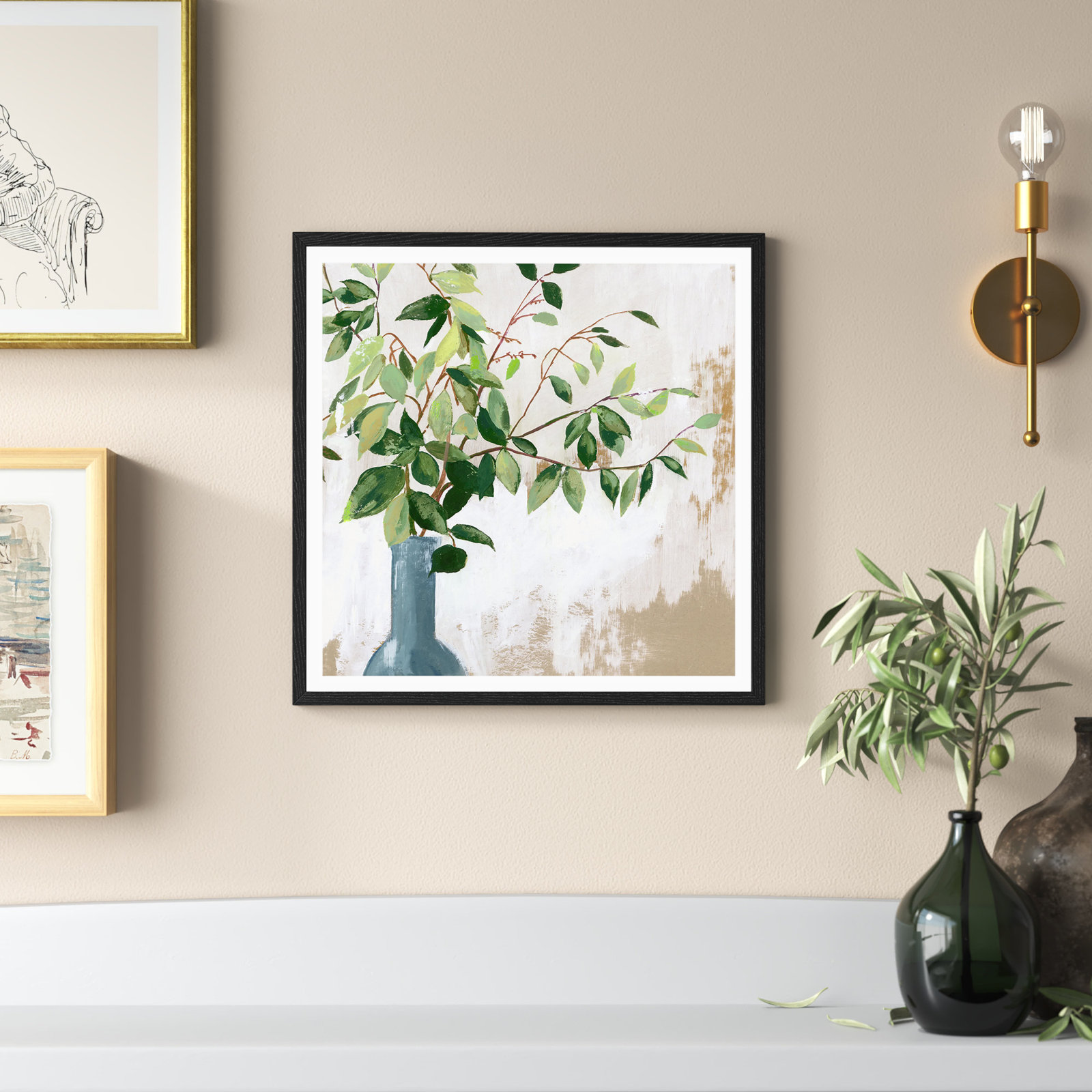 Mabank "Green Fall Leaves" Painting by Asia Jensen, Black Framed, 17" H x 17" W x 0.75" D
