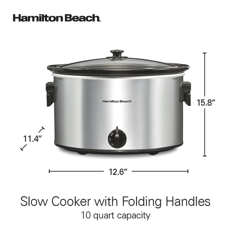 Hamilton Beach 10 Quart Slow Cooker with Folding Handles, Extra-Large Capacity, Serves 12+, Silver with Black Accents, 33190FG