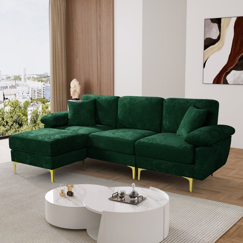Canapé modulaire en velours de 91 po en L avec coussins de chaise et pieds en métal doré, Polyester vert émeraude