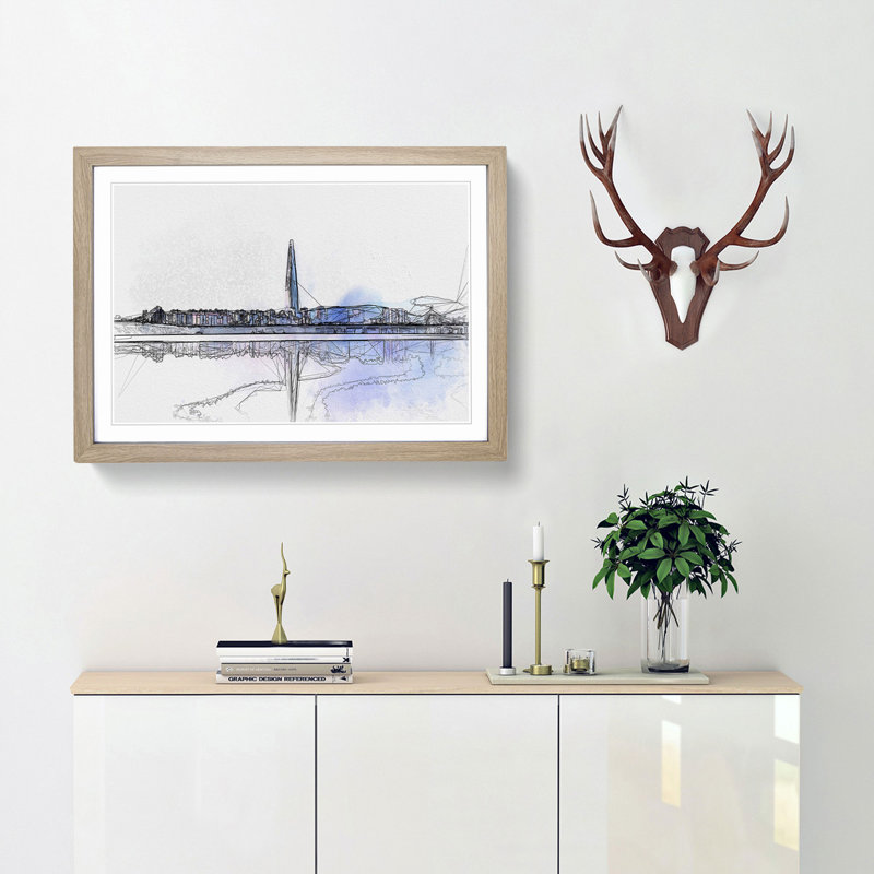 Seoul Skyline in South Korea in Abstract - Picture Frame Graphic Art Print, 40cm H x 60cm W x 2cm D, Oak