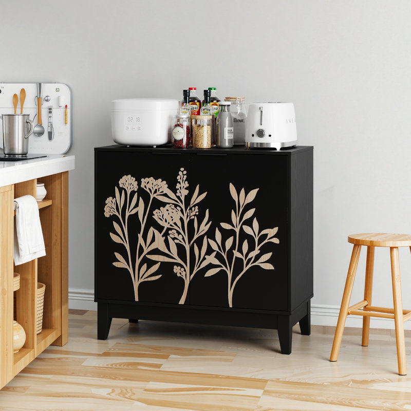 Buffet minimaliste de 31,5 pouces avec motif floral et tablettes réglables, grand espace de rangement pour la salle à manger, buffet à 2 portes rétro