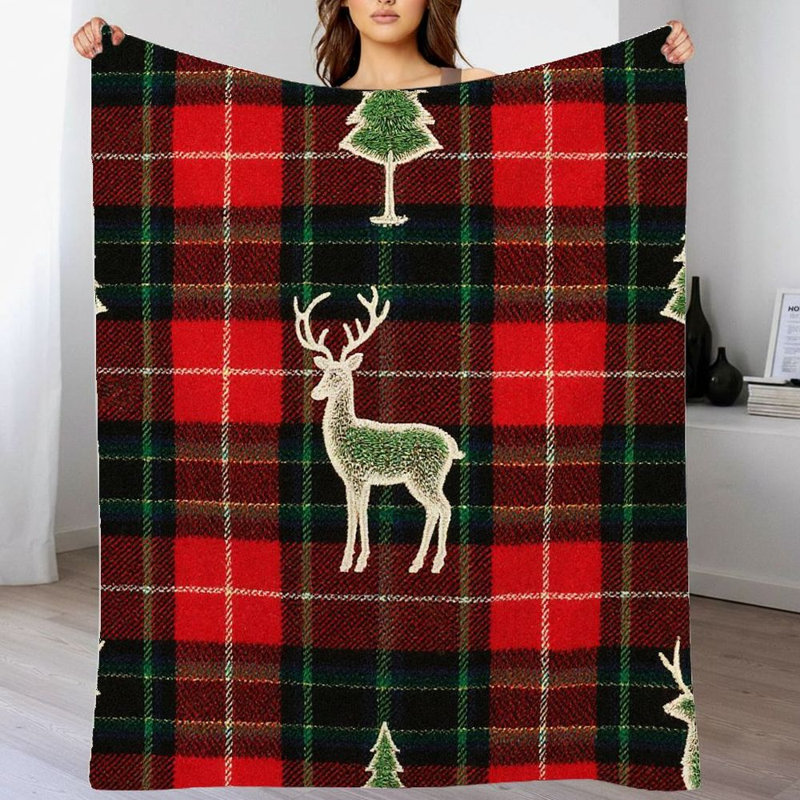 1pc couverture en flanelle à carreaux doux décor de Noël cerfs blancs et pins douces vibrations de vacances pour canapé / lit / voyage 30 * 40