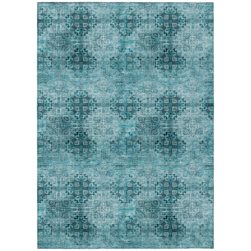 Tapis intérieur lavable antidérapant bleu sarcelle à motif floral, Rectangle 9 pi x 12 pi