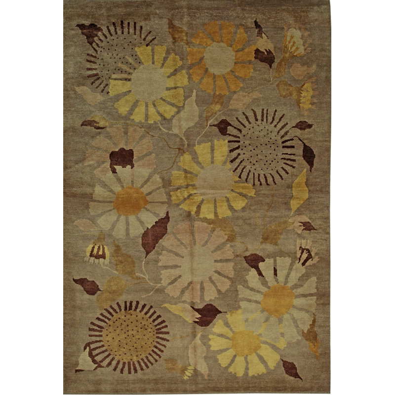 Brown Hand-Knotted Wool Abstract Floral Burst Geometric Modern Contemporary Carpet Rug, 9' x 12'