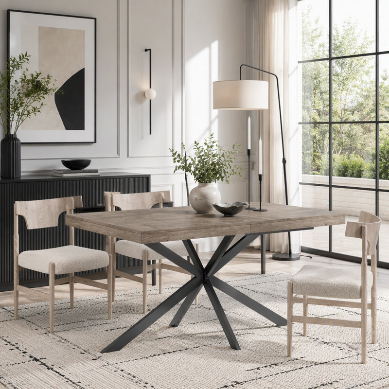 Table de salle à manger extensible rétro avec boîte de rangement, Noir + gris