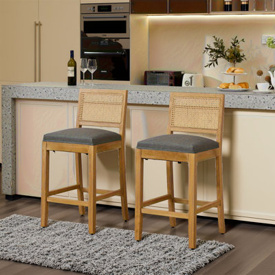 2pcs Solid Wood Rattan-back Bar Stools -linen Cushion, High-resilience Foam & S-springs