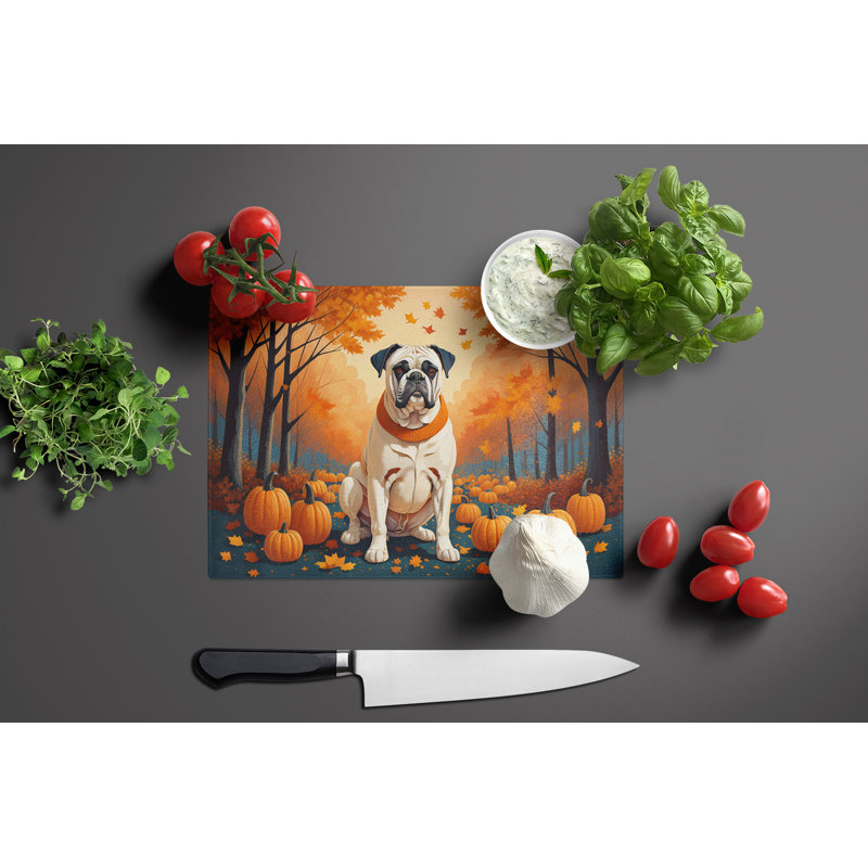 White Boxer Fall Glass Cutting Board Large