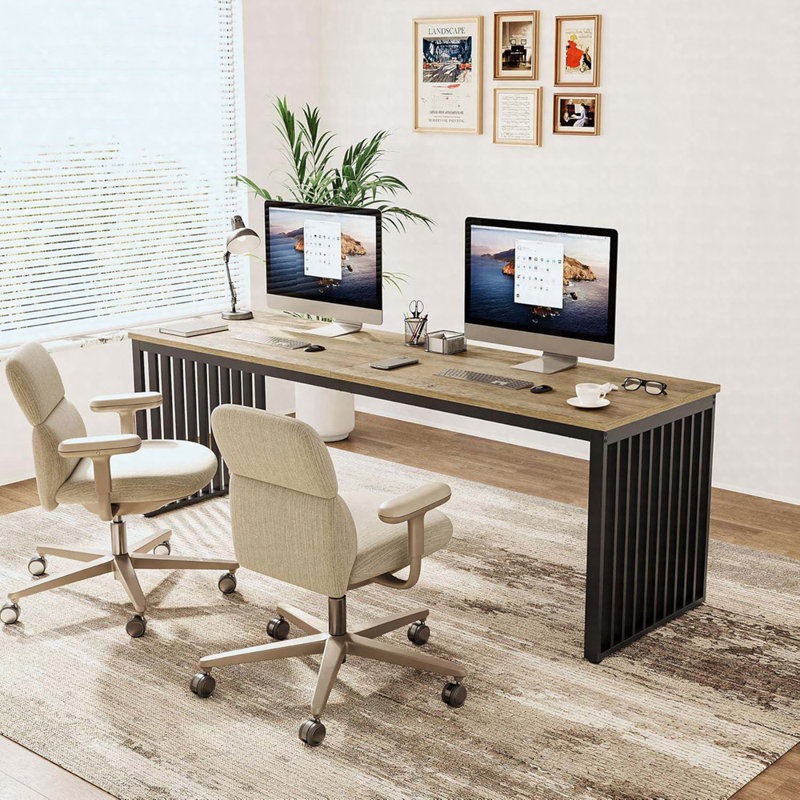 78.74" Double Computer Desk For 2 Person, Industrial Workstation With Heavy Duty Metal Frame, Gray