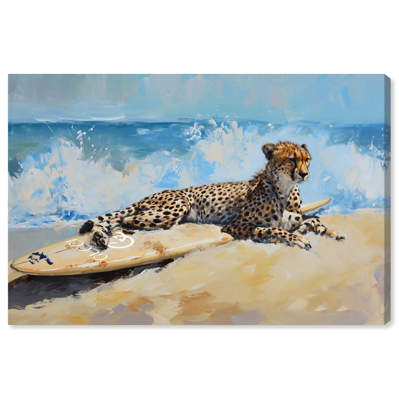 «Cheetah Beach Surfer», art mural Glam Beach par Art Remedy, Toile tendue, H 36 po x l 54 po