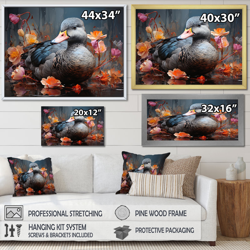«Grey Duck», art mural canard gris, Cadre doré à coins fermés, H 30 po x l 40 po x P 1,5 po