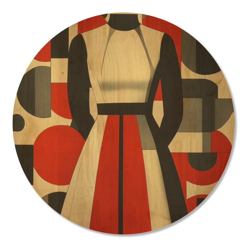 Robe Mod en rythme graphique II - Tableau mural rond rétro rouge en bois, Rond 36 po