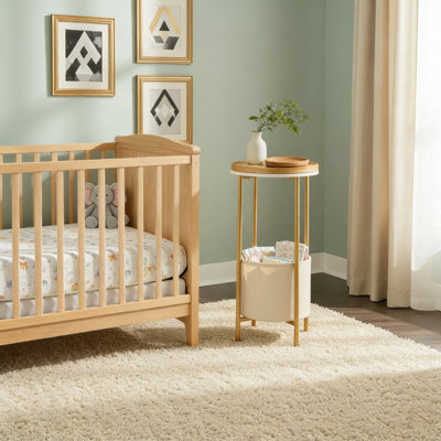 2-Tier Round Side Table With Storage Basket, Modern End Table And Nightstand For Living Room, Bedroom, And Small Spaces