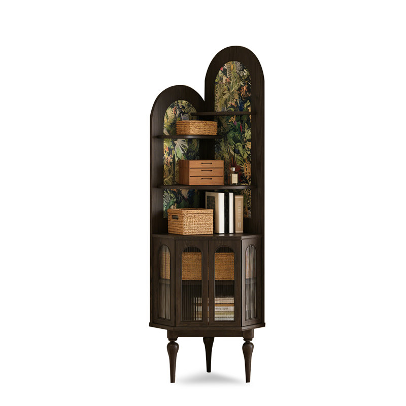 Vintage Corner Cabinet, Solid Ash Wood with Fluted Glass Doors, Freestanding Display Storage Shelf, Easy Assembly, Black