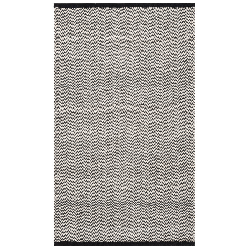 Vermont Hand Woven Cotton/Wool Geometric Rug in Black/Ivory, Rectangle 3' x 5'