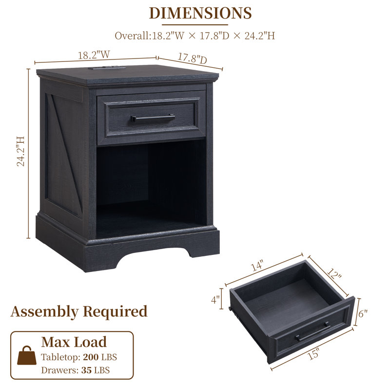 18'' Farmhouse Nightstand with Charging Station and Drawer, End Table with Open Shelves, Black