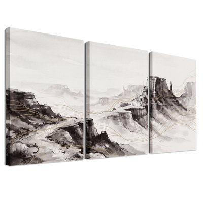 Ensemble de 3 toiles murales représentant des lignes dorées dans un observatoire du désert en noir et blanc