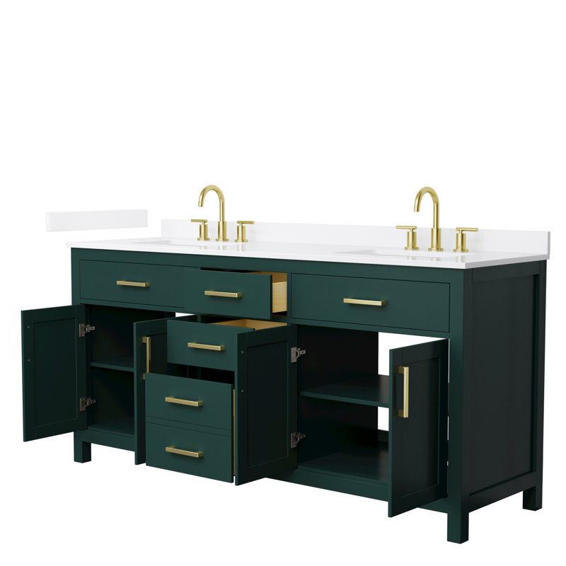 Beckett 72" Freestanding Double Bathroom Vanity with Quartz Top, Green, White Quartz, Brushed Gold