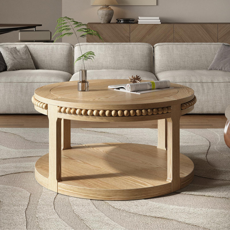 Table basse et canapé de 31,5 pouces en bois massif rond - plateau épaissi à deux niveaux, pieds robustes, table circulaire pour le salon (bois naturel)