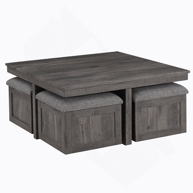 Table basse 38 "en bois rustique avec tabourets de rangement, Brun rustique