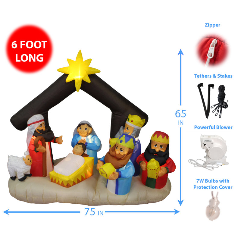 Décoration de crèche de Noël gonflable de 6 pieds de long avec trois rois pour l'intérieur et l'extérieur