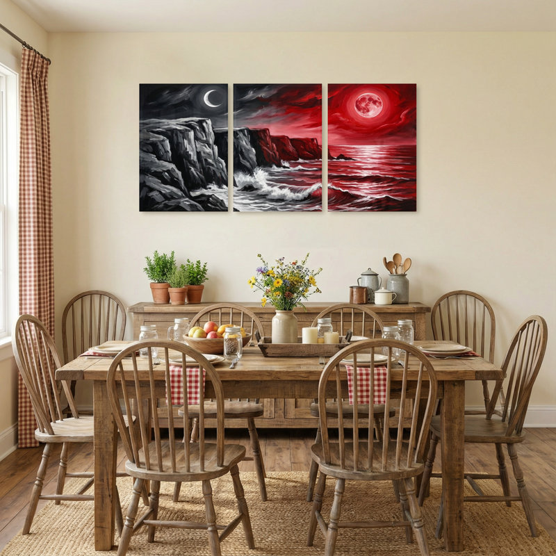 Paysage et nature, falaises au clair de lune, vagues de l'océan rouge, ciel nocturne, H 24 po x l 48 po