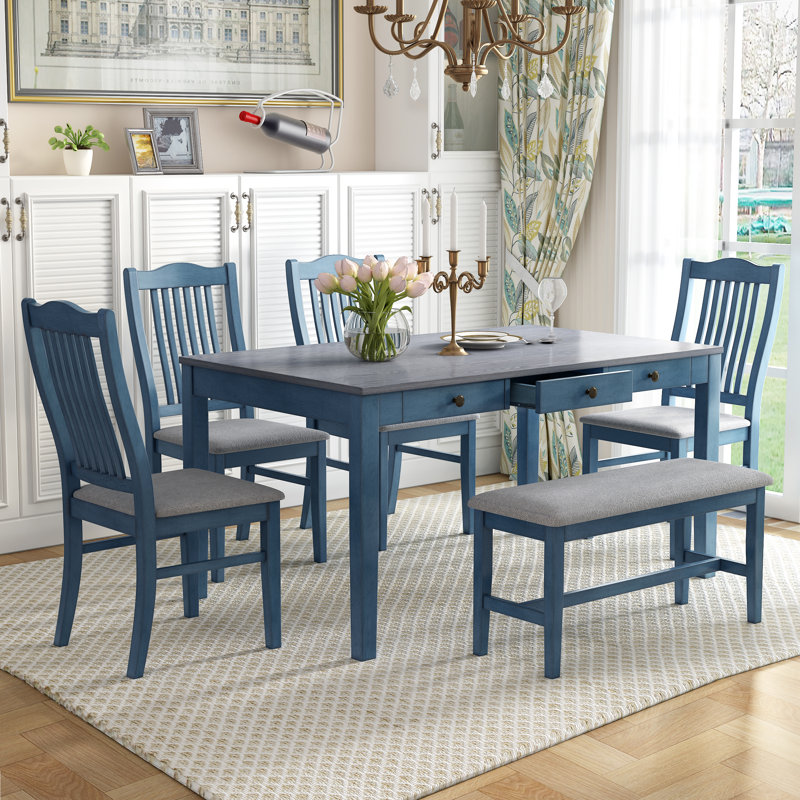 Ensemble de table de salle à manger Mid-Century en bois avec chaises rembourrées et banc , Gris te bleu, Bleu