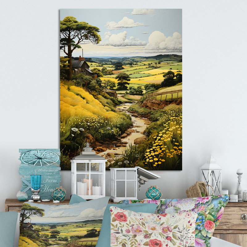 Paysage de campagne vert et jaune V - impression sans cadre sur métal, H 32 po x l 16 po x P 1 po