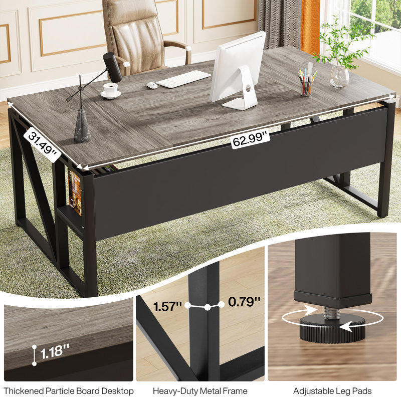 Bureau 63 pouces Moden Compute avec tablette de rangement, bureau d'écriture pour poste de travail, Gris, Noir
