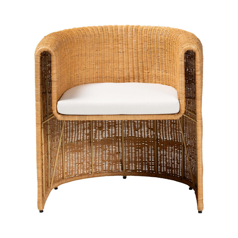 Bali & Pari Carina Natural Rattan Barrel Dining Chair - Handwoven Wicker Accent Chair With Curved Backrest And Removable Cushion, Coastal Boho Kitchen Or Dining Room Seating