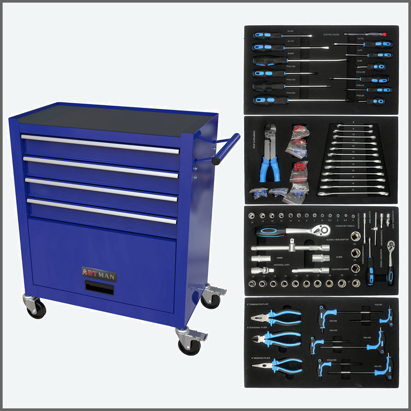 24.25" W 4 Drawer Bottom Rollaway Chest, Tool Cabinet with Tool Sets, Blue