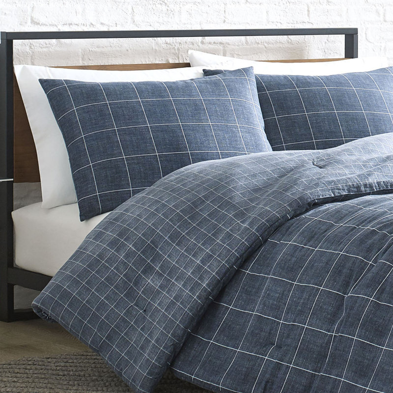 Kenneth Cole Holden Grid Cotton Blue Duvet Cover Set, Queen Duvet Cover + 2 Shams
