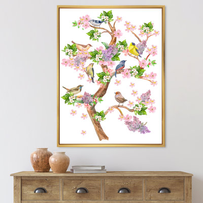 Arbre avec des oiseaux colorés sur des branches en fleurs - Impression sur toile