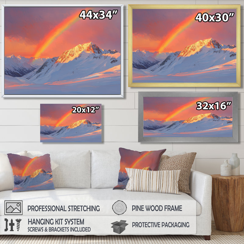 Rainbow Over The Snowy Peaks II - Rainbow Large, art mural, H 12 po x l 20 po, Cadre doré simple