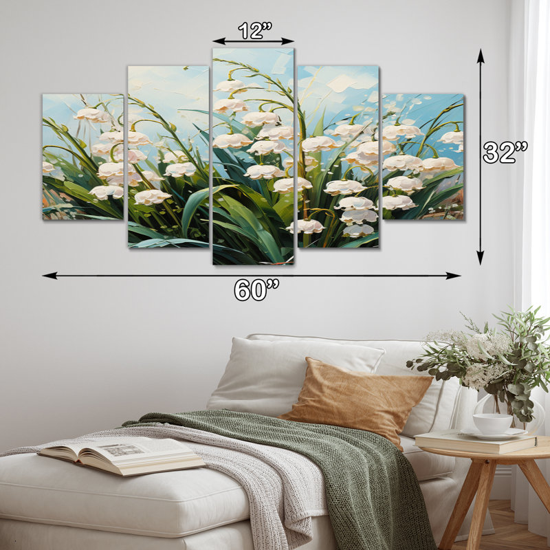 «White Snowdrop Symphony III», art mural floral, salon, 5 panneaux