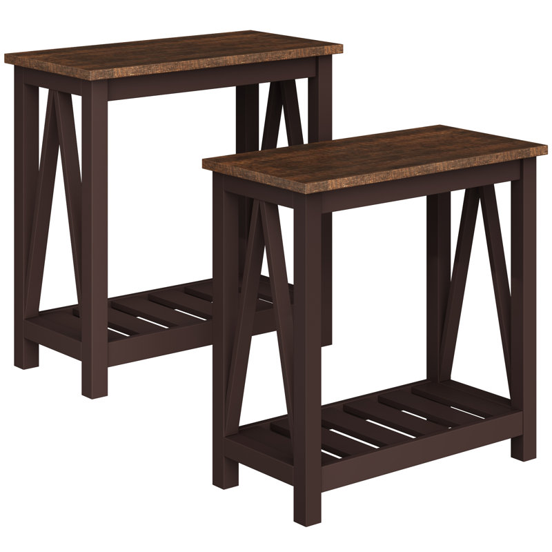 Table de bout à lattes 23,6 "avec rangement (ensemble de 2), Brun