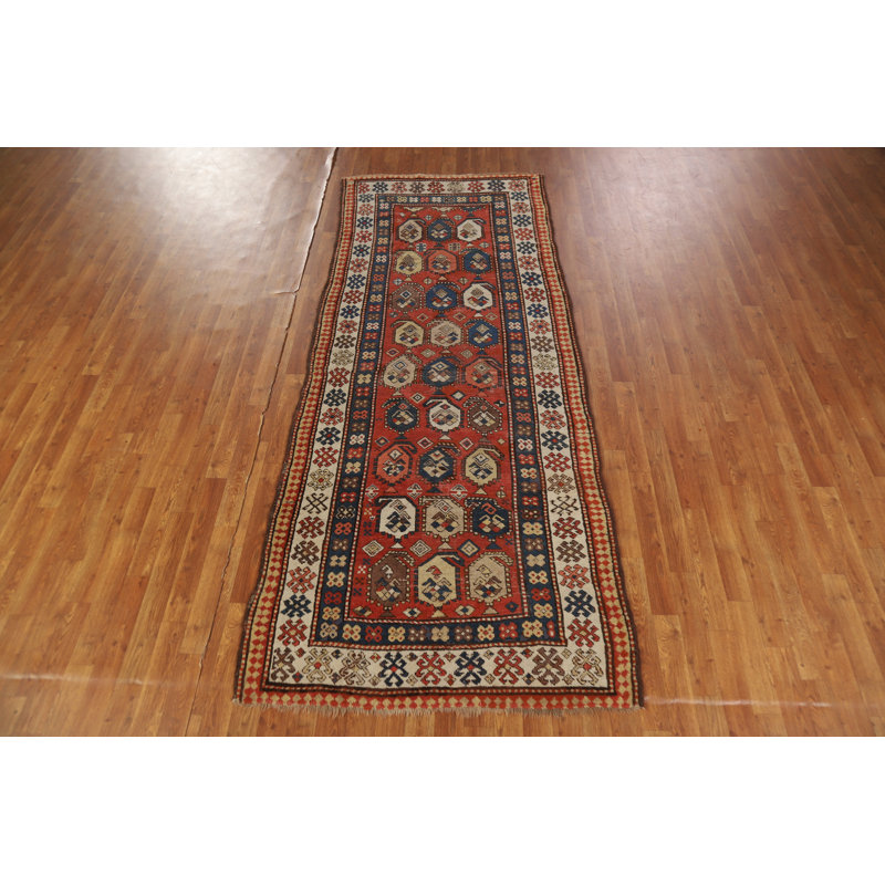 Tapis de couloir antiquité à teinture végétale pré-1900 Kazak