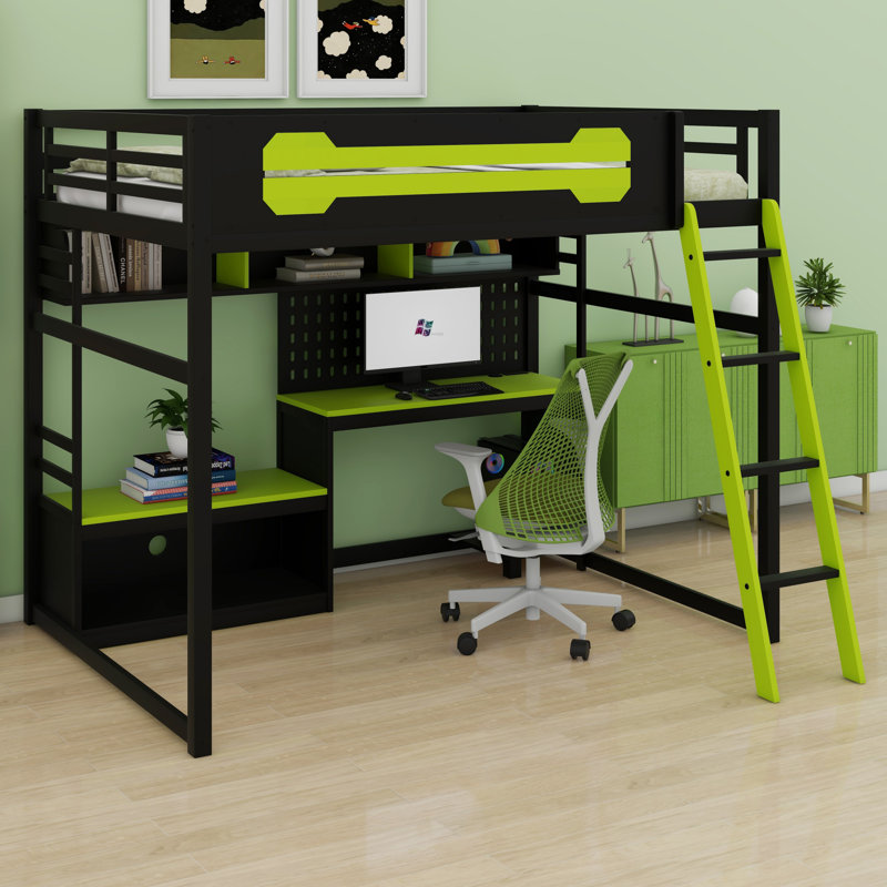 Lit mezzanine en bois avec bureau, tablettes, lumières DEL, ports USB et panneau perforé, Noir et vert