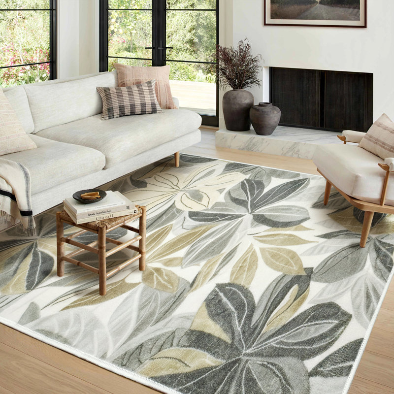 Nature Floral Non-Slip Machine Washable Modern Area Rug in Green/Cream for Living Room, Bedroom, Hallway Runner Indoor Rugs