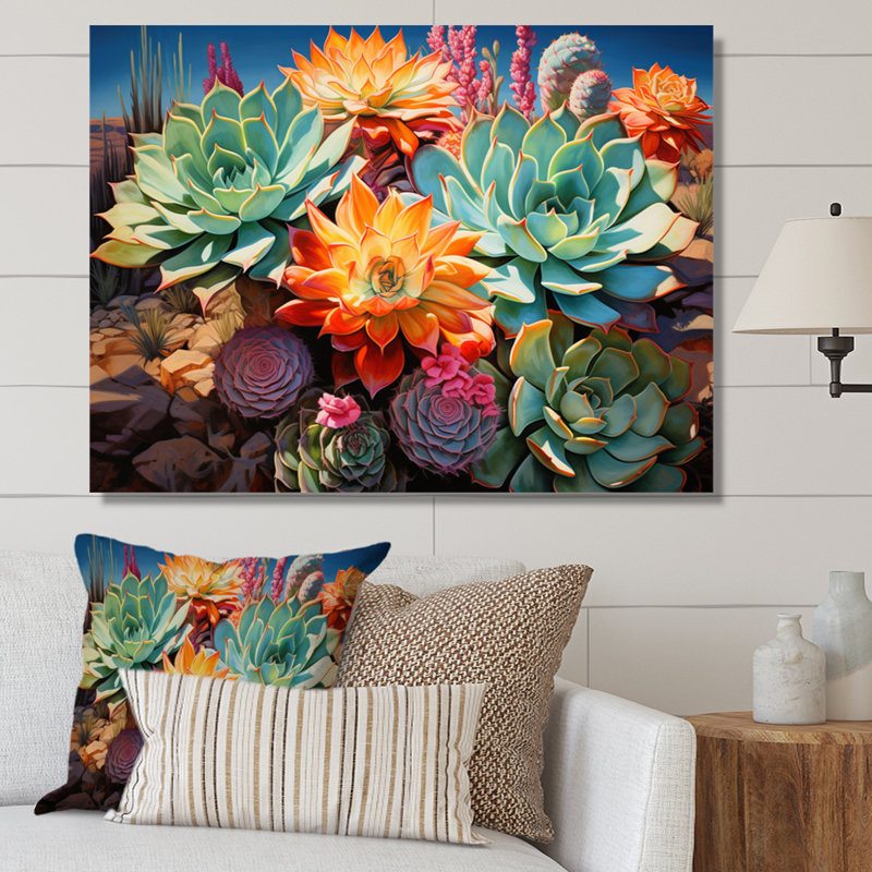 Succulentes vertes, orange, fleurs du désert II, H 34 po x l 44 po x P 1,5 po, Toile tendue